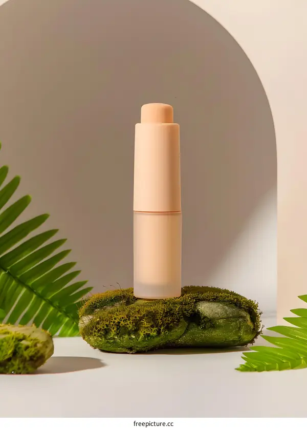 Natural Minimalist Product Photography of Cosmetic Bottle on Moss Rock