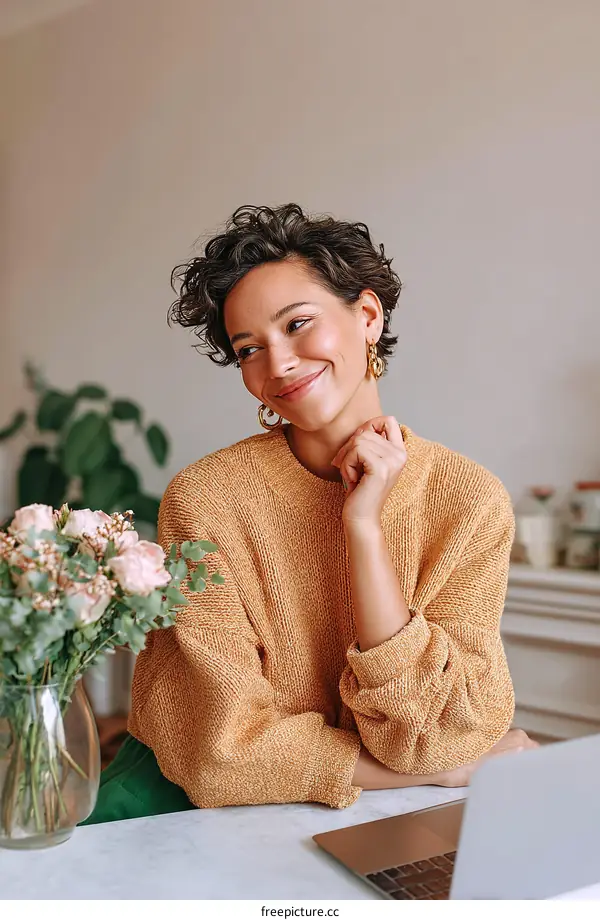 Woman Working at Home with Flowers