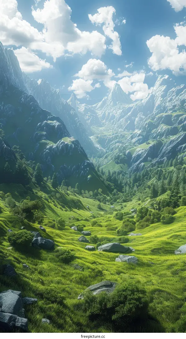 Fantasy Landscape with Verdant Hills and Majestic Mountains