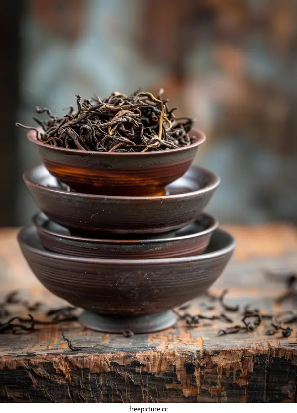 Black Tea Leaves in Ceramic Cups on a Wooden Table