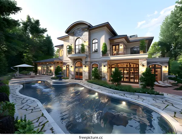 A luxurious house with a pool and a beautiful landscape