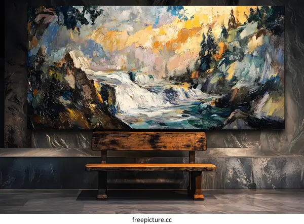 Wooden Bench In Front Of Waterfall Painting