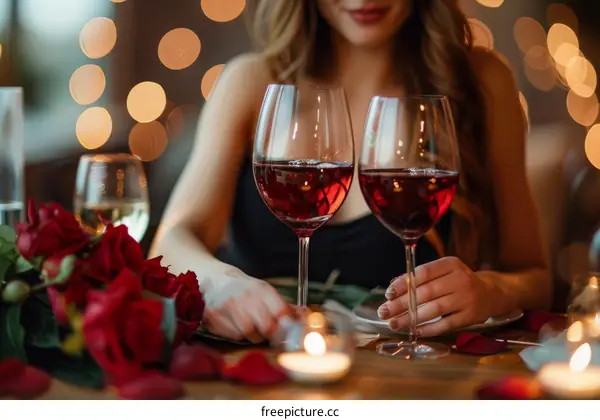A romantic dinner for two with red wine and roses