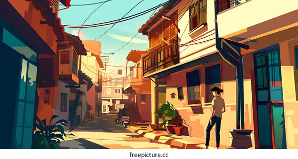 Woman Standing in Narrow Street in Old Town