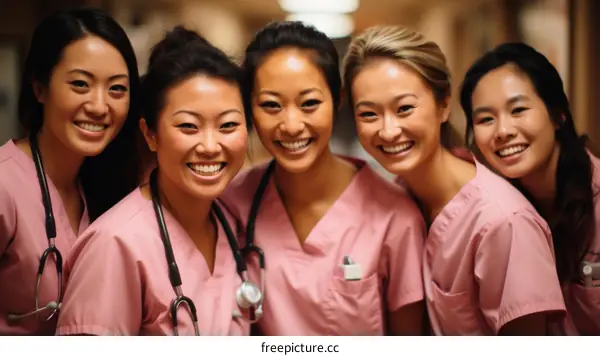 A group of female nurses in pink scrubs are smiling at the camera.