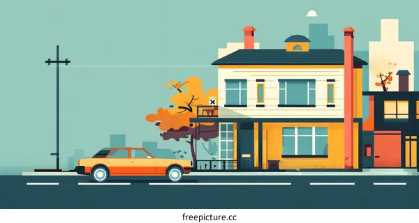 Retro Style House with Car and Autumn Trees Illustration