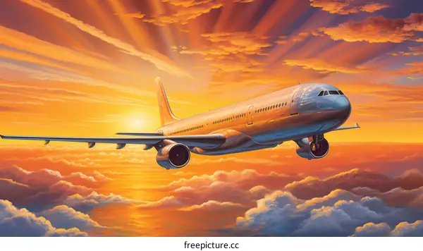 Airplane Flying Over Clouds at Sunset
