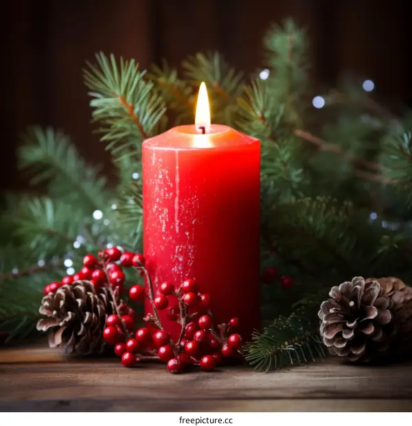 Red candle with pine cones and holly berries