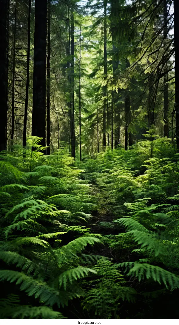 Green plants cover the forest floor in a dense temperate rainforest