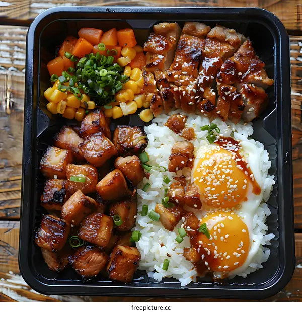 A delicious and nutritious meal with pork, eggs, rice and vegetables