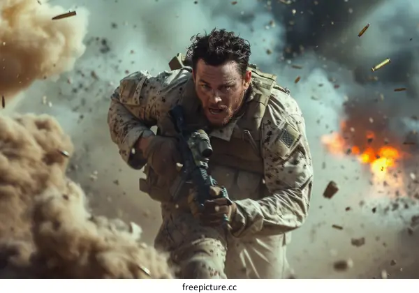 Soldier running through a battlefield