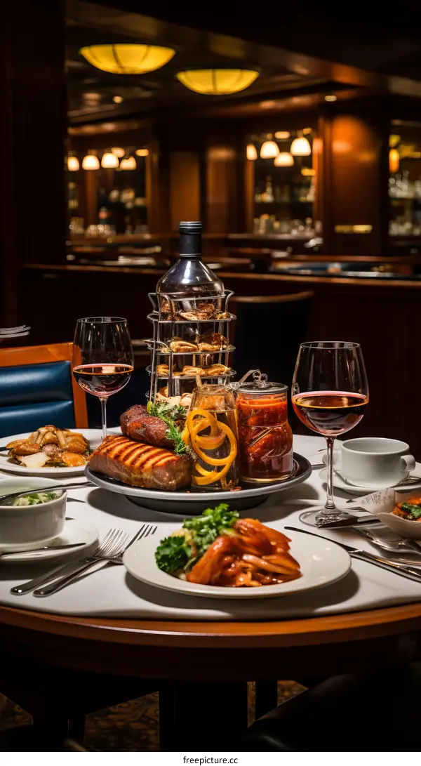 A table full of delicious food and wine