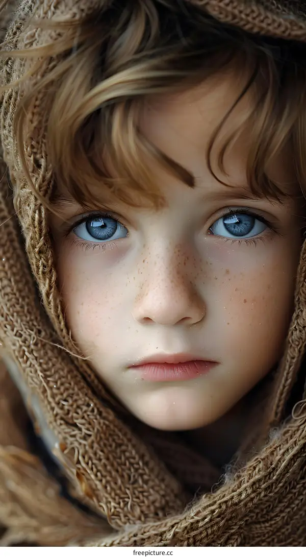 portrait of a child with freckles and blue eyes