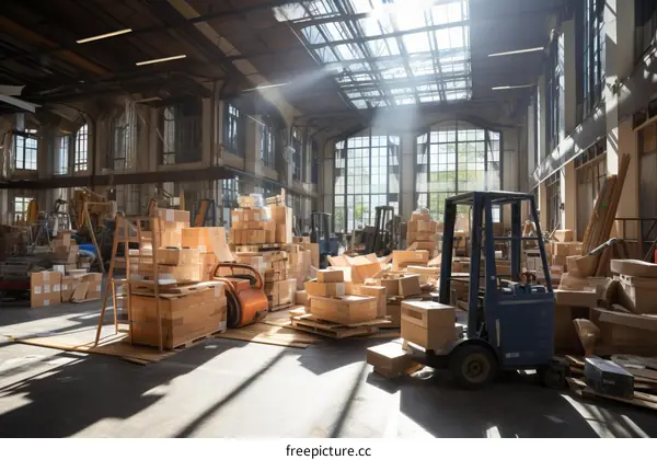 A large warehouse with many boxes and a forklift