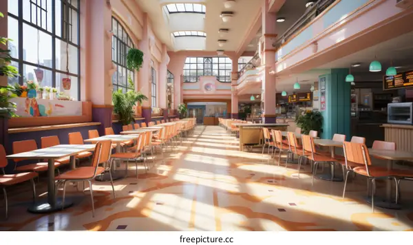 Pink and Blue Retro Cafeteria with Empty Tables and Chairs