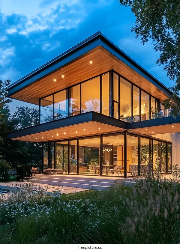 Modern House with Large Windows and Wood Accents