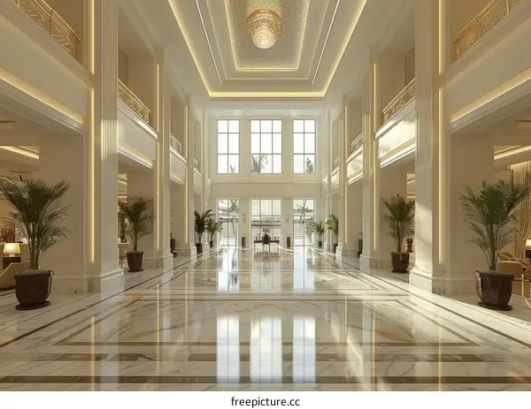 The lobby of a luxury hotel with marble columns and floors, and a crystal chandelier.
