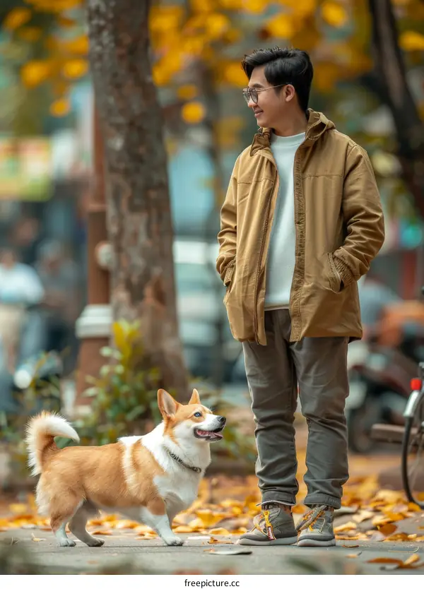 A man and his corgi are walking in the park