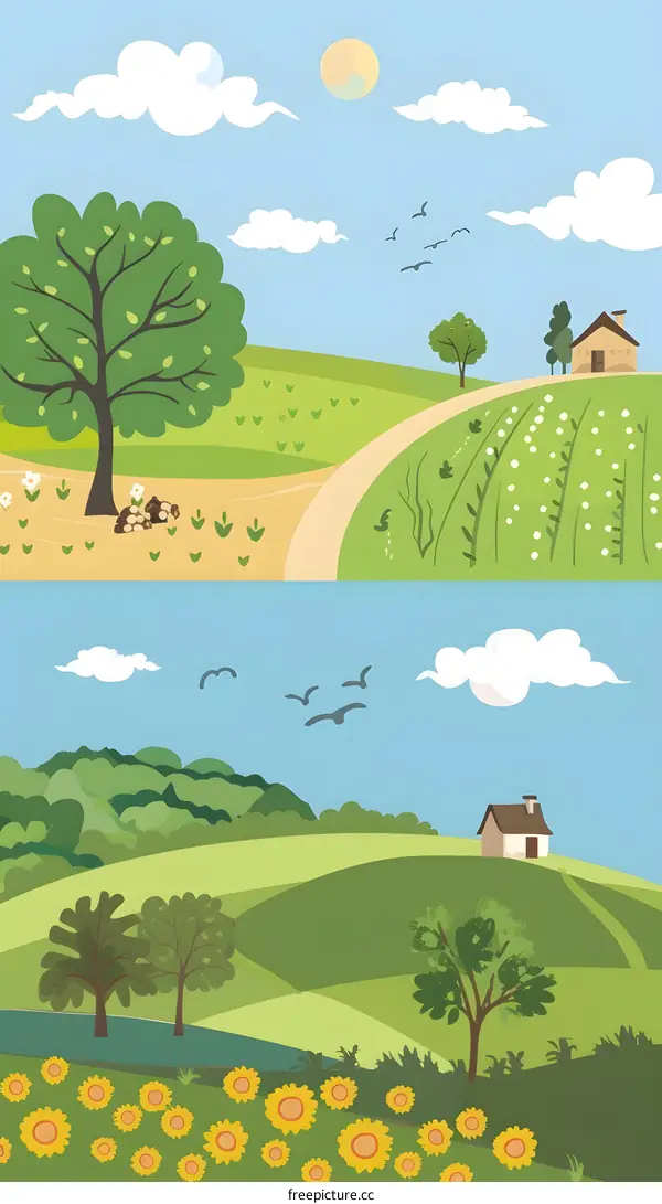 Rural Landscape With Houses and Sunflowers Illustration