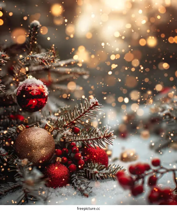 Christmas tree with red and gold ornaments and snow