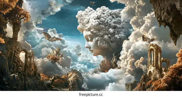 Stone Statue Head in Fantasy Landscape