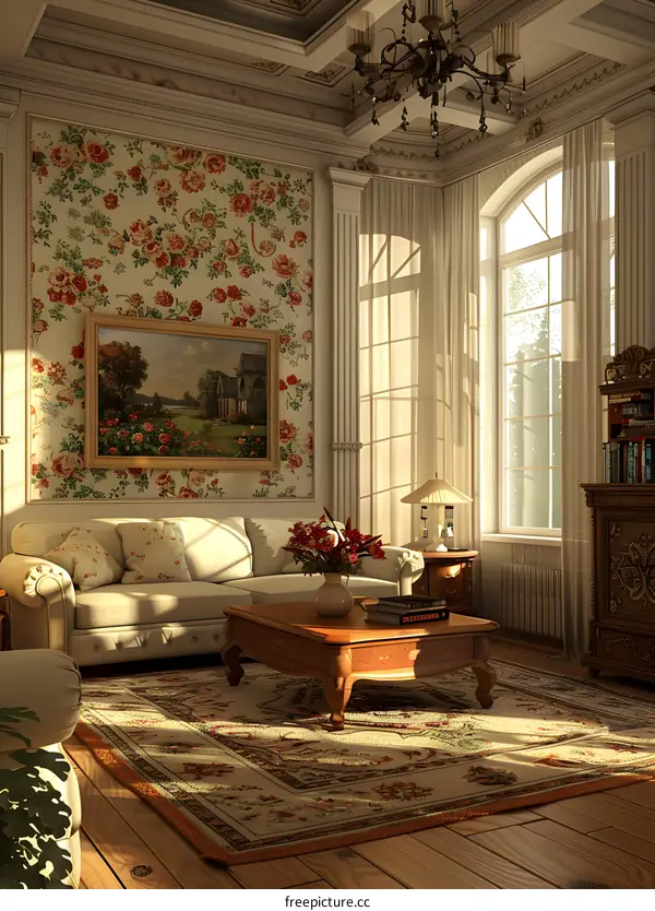European style living room with big windows