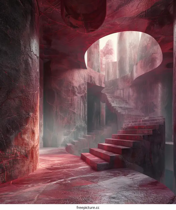 Red Stone Corridor with Stairs and Ceiling Opening