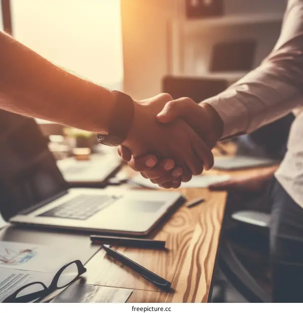 Two businessmen shaking hands over a desk in an office environment