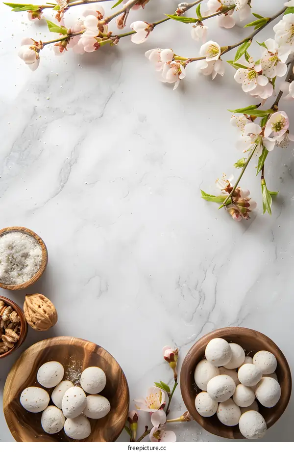 Spring Flowers and White Round Objects in Bowls on a Marble Surface