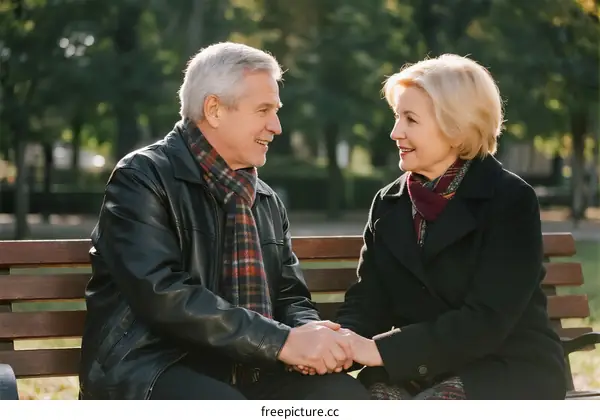 Elderly couple holding hands and smiling in a park