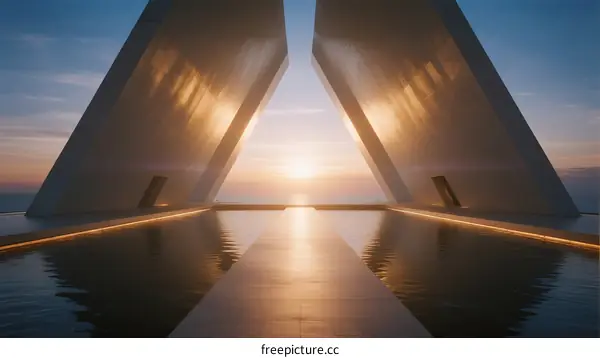 Modern Architectural Structure with Water Reflection at Sunset