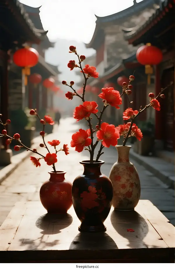 Red Plum Blossoms in Traditional Chinese Vases on Ancient Street