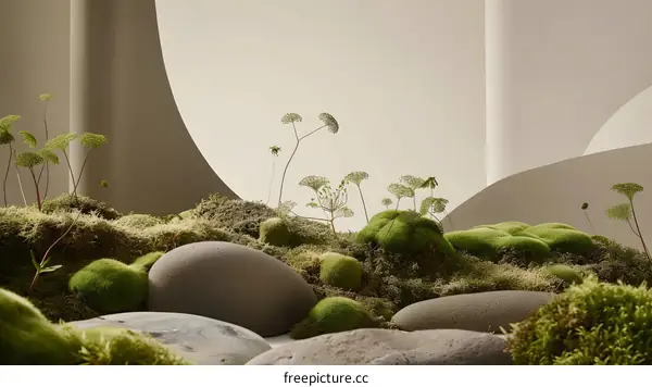Minimalist Green Moss Landscape with Smooth Stones and Curved Wall