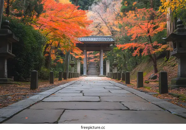 Stone Path Leading to a Traditional Japanese Gate