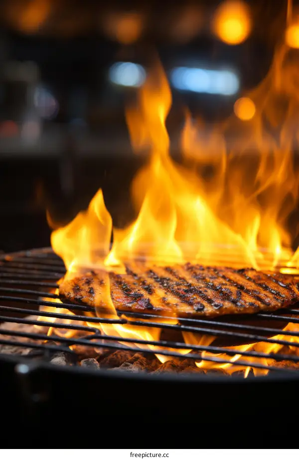Sizzling Steak on a Flaming Grill