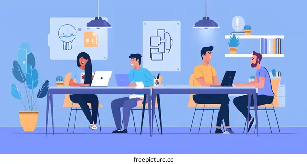 Team Of Four Young Professionals Working Together In An Office Setting