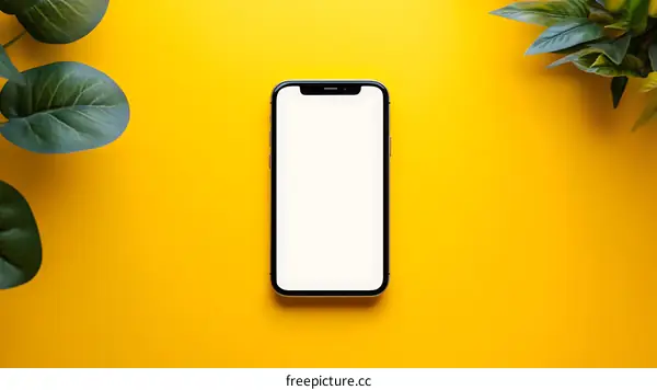 Blank Screen Smartphone On Yellow Background With Green Leaves