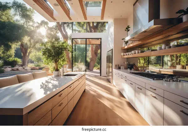 An open concept kitchen with a large island and a view of the backyard