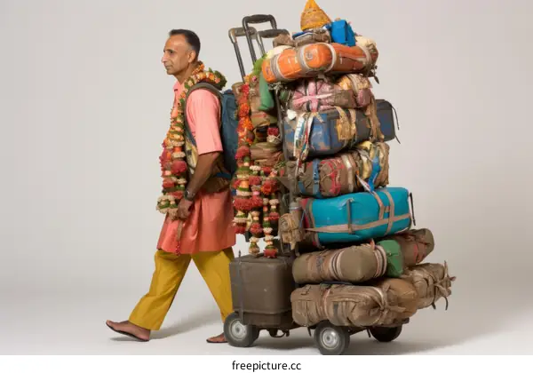 Indian man pulling a heavy luggage cart