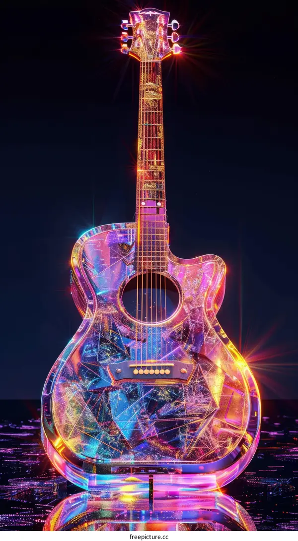 Illuminated Crystal Guitar Against a Dark Backdrop