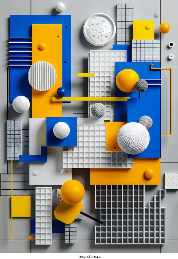 Abstract 3D Geometric Shapes Composition with Yellow Blue White and Gray Colors