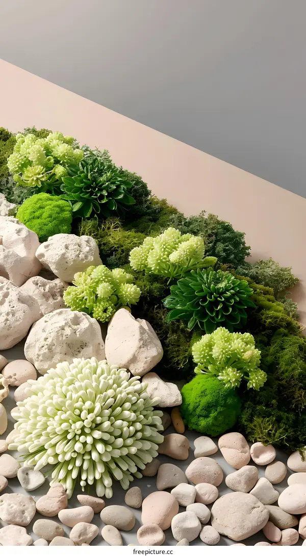 Green Plants and White Rocks on Beige and Grey Background