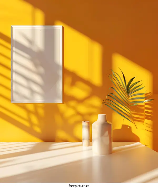 White Vase with Plant on a Yellow Wall