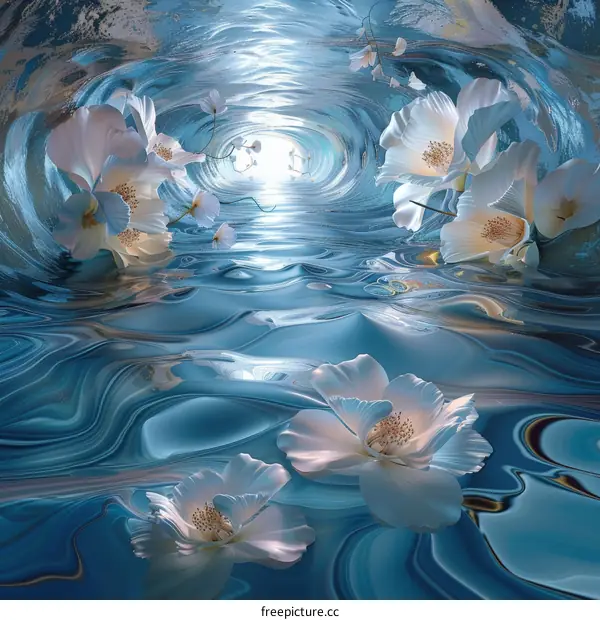 Abstract White Flowers Floating in Blue Liquid