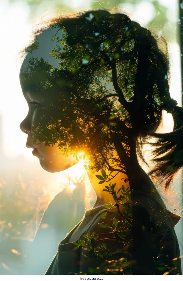 Silhouette of Little Girl in Nature at Sunset