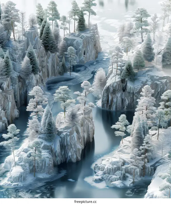 Frozen River Winding Through a Snowy Forest