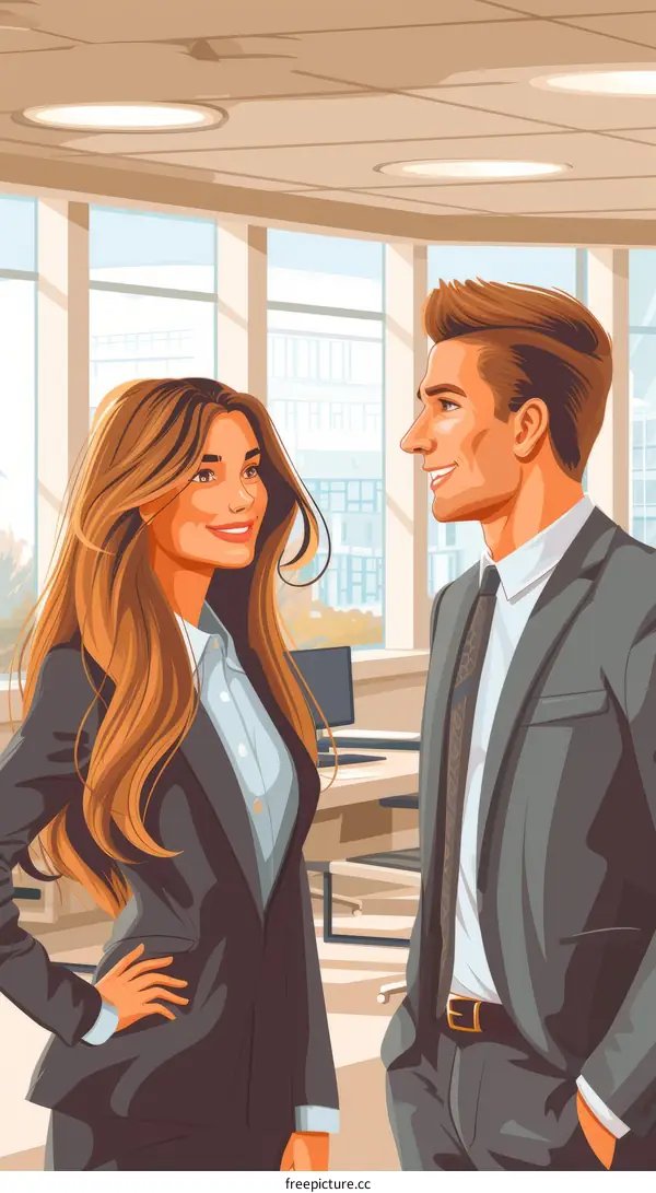 Illustration of a man and a woman in business suits talking in an office