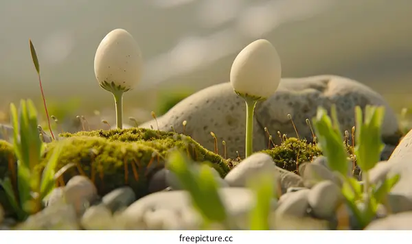 Two White Eggs On Moss With Rocks In Background