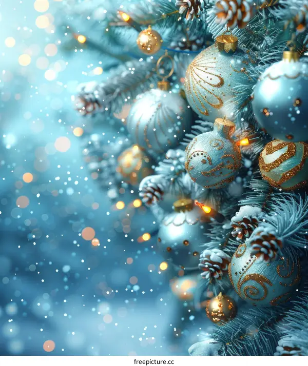 Ornate Christmas Tree with Blue and Gold Ornaments