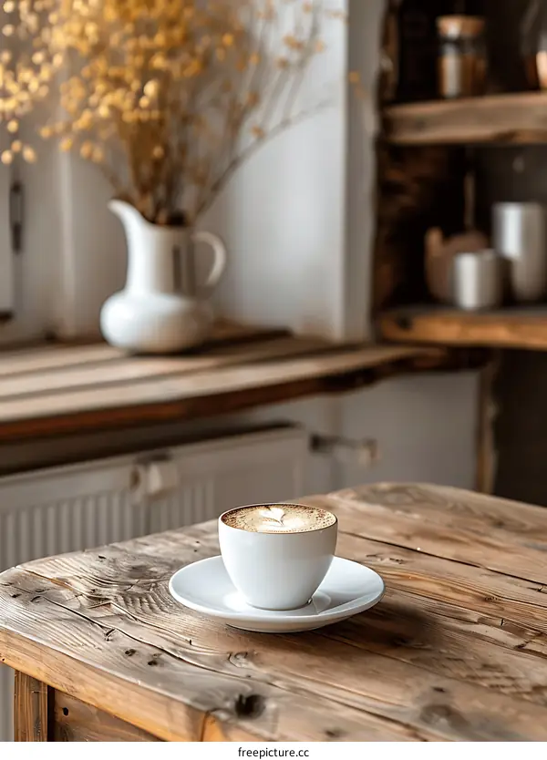 Cup of Cappuccino on a Rustic Wooden Table